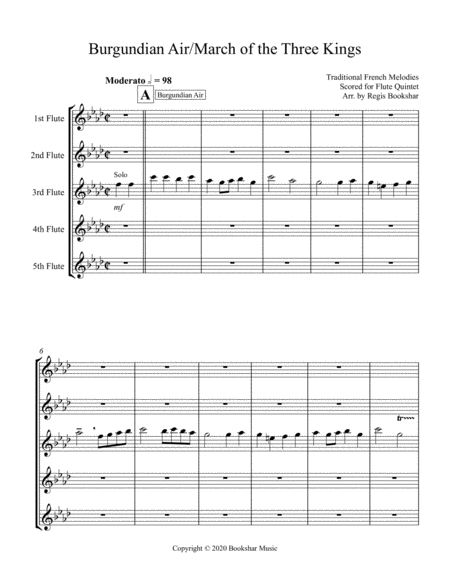 Burgundian Air/March of the Three Kings (F min) (Flute Quintet)