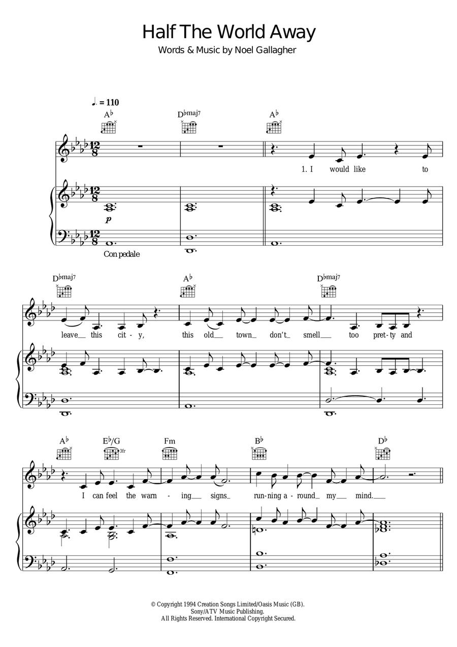 Half The World Away Piano, Vocal, Guitar scores gallery preview page 1