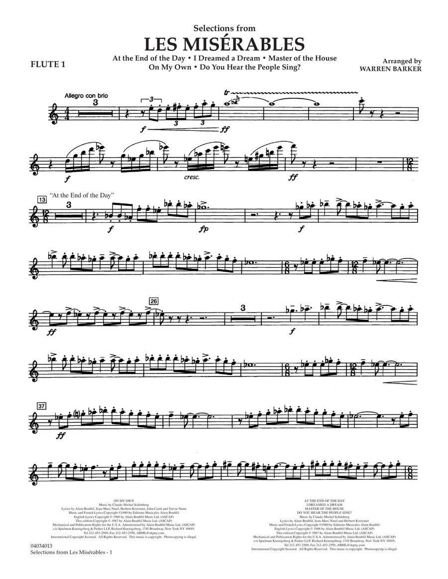 Selections from Les Misérables (arr. Warren Barker) - Flute 1 Concert Band scores gallery preview page 1