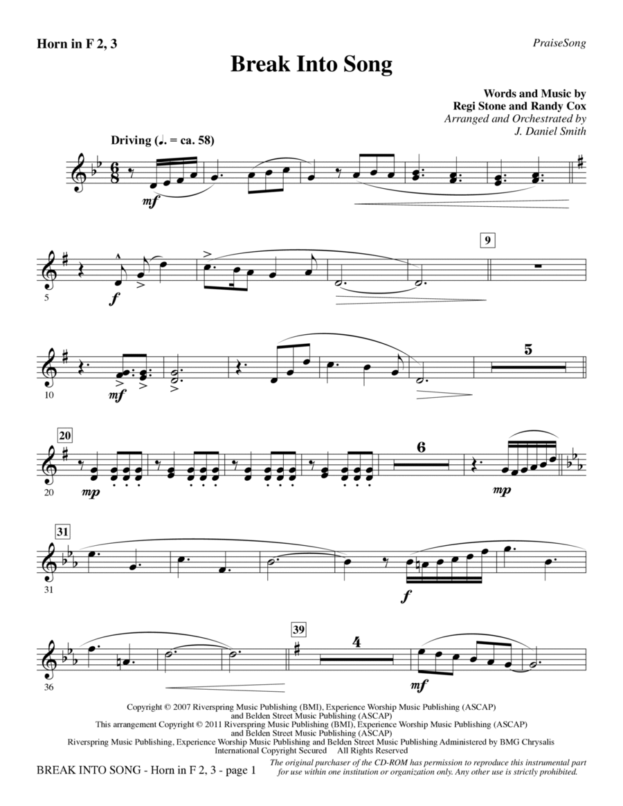 Break Into Song - F Horn 2,3 Choir scores gallery preview page 1