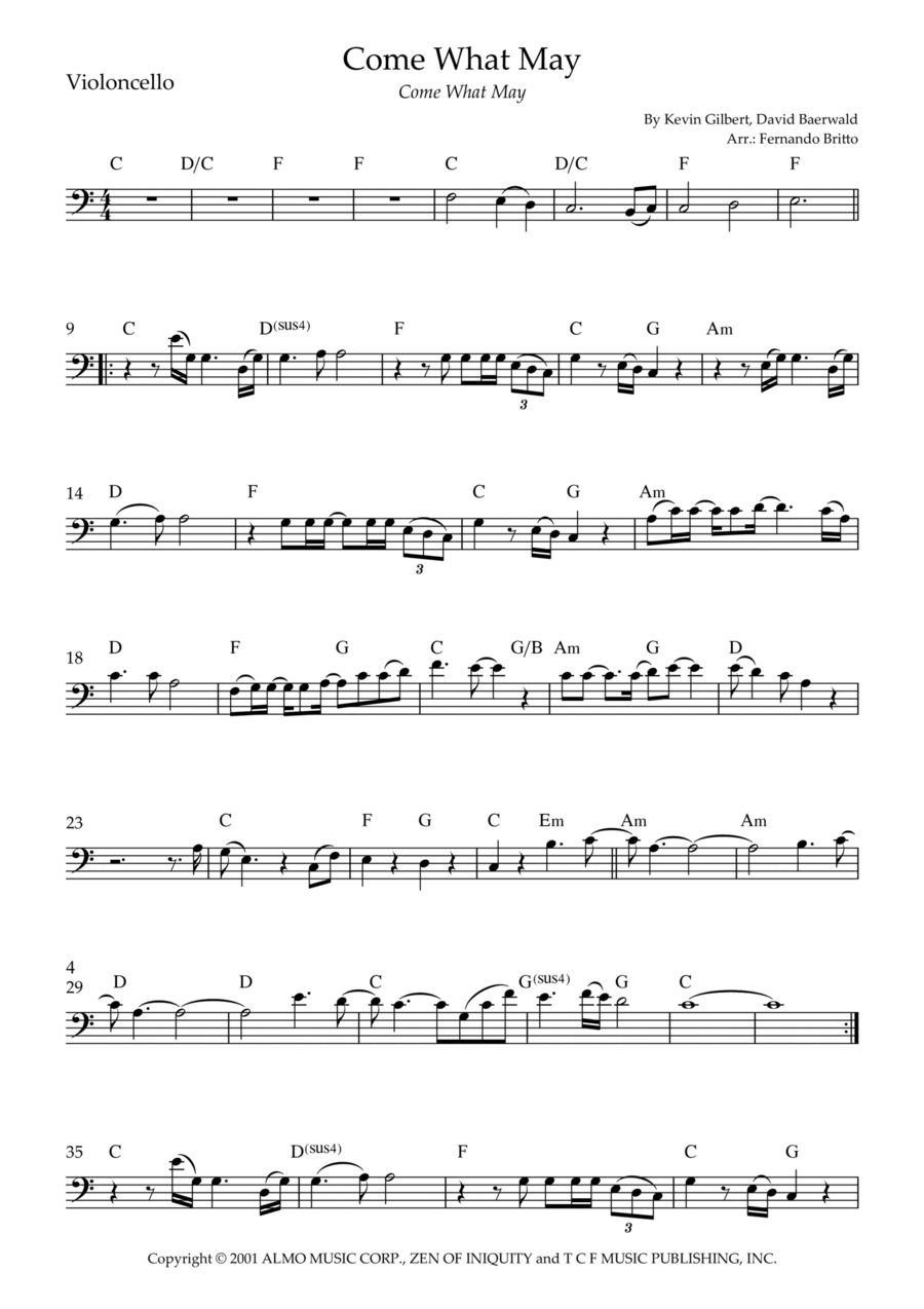 Come What May Cello Solo scores gallery preview page 1