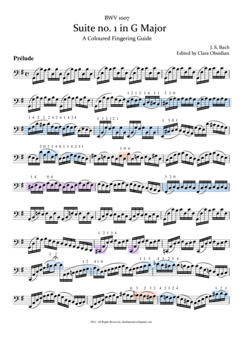 Bach: Cello Suite no. 1 in G Major / Colored Fingering Guide image number null