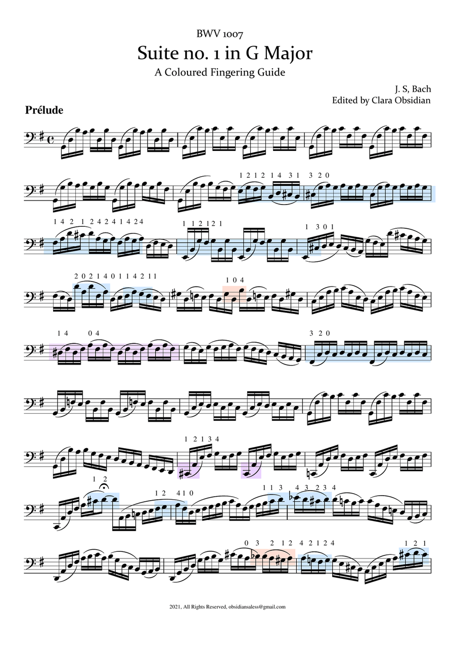 Bach: Cello Suite no. 1 in G Major / Colored Fingering Guide Cello Solo scores gallery preview page 3