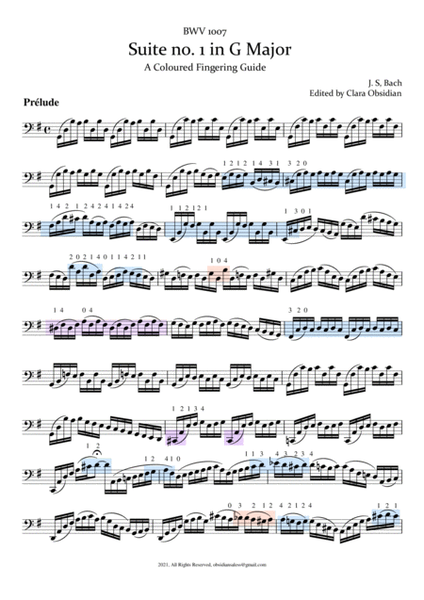 Bach: Cello Suite no. 1 in G Major / Colored Fingering Guide image number null