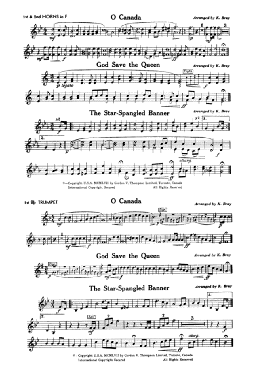 O Canada / God Save the Queen / Star-Spangled Banner: 1st & 2nd F Horns and 1st B-flat Trumpet Concert Band scores gallery preview page 1
