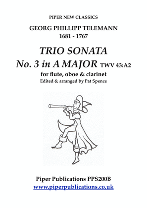 Book cover for TELEMANN TRIO SONATA NO. 3 IN A MAJOR FOR FLUTE, OBOE & CLARINET