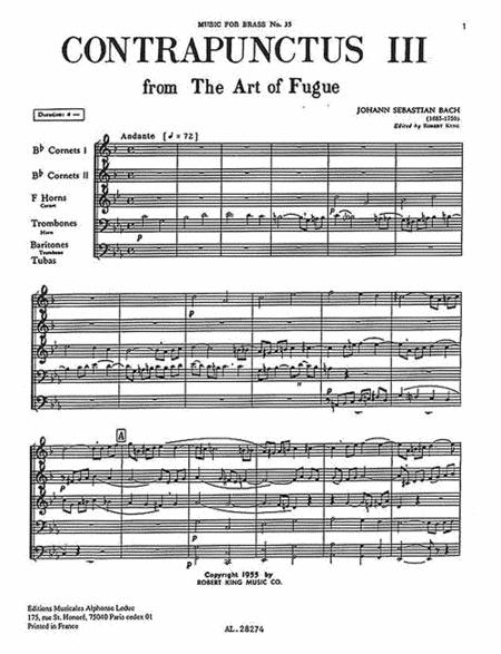 Bach Js King Art Of Fugue Contrapunctus 3 Brass Quintet Mfb035 Sc/pts