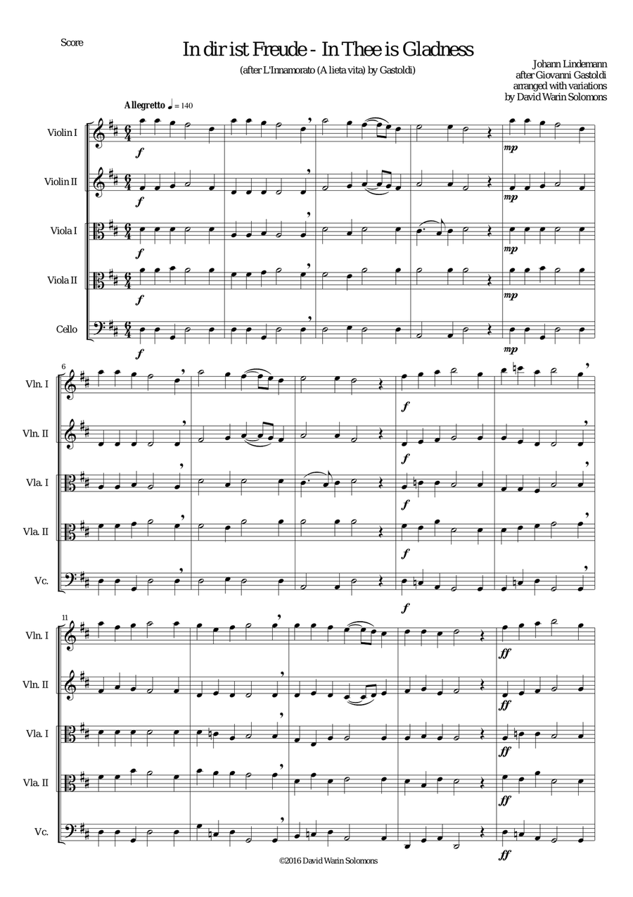 In dir ist Freude (In Thee is gladness) for string quintet (2 violins, 2 violas, 1 cello) String Trio scores gallery preview page 1