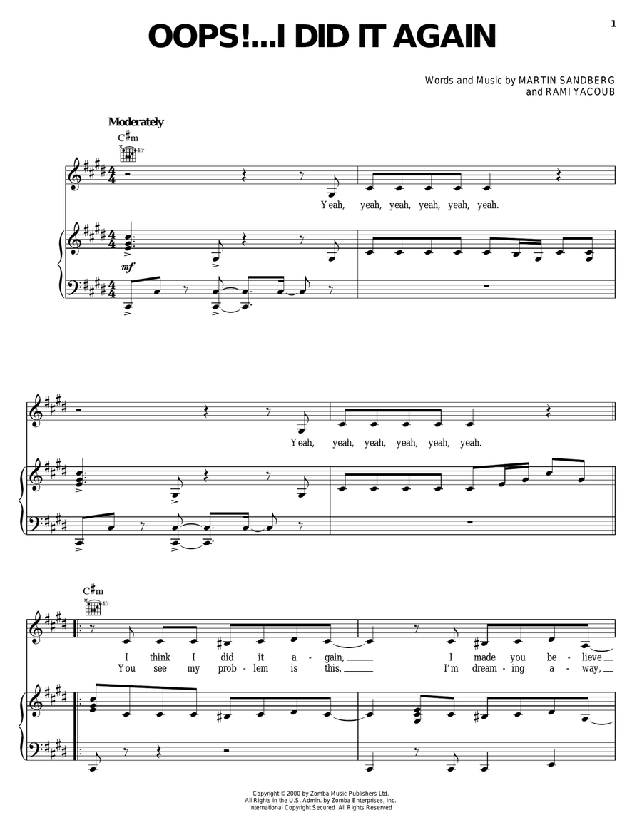 Oops!...I Did It Again Piano, Vocal, Guitar scores gallery preview page 1