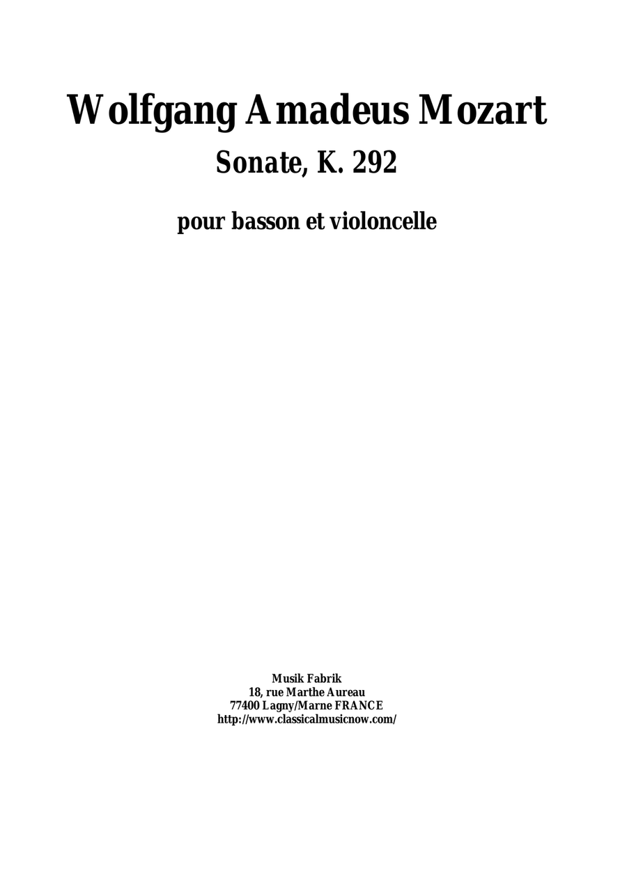 Wolfgang Amadeus Mozart: Sonata in Bb K. 292 for bassoon and cello Wolfgang Amadeus Mozart: Sonata in Bb K. 292 for bassoon and cello Bassoon scores gallery preview page 1