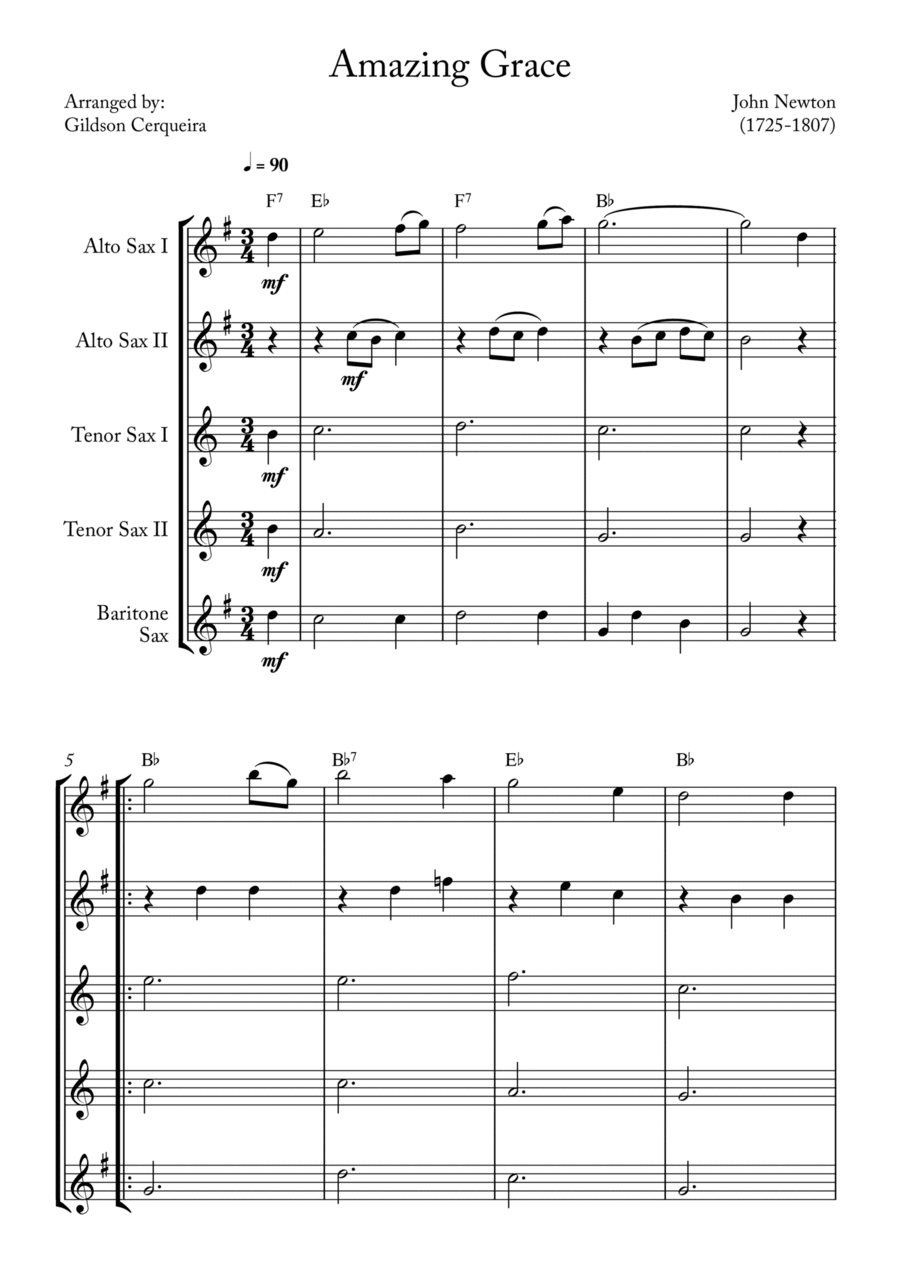 Amazing Grace Saxophone Quintet scores gallery preview page 1