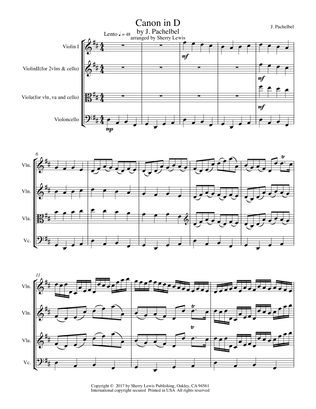 CANON IN D String Trio, Intermediate Level for 2 violins and cello or violin, viola and cello