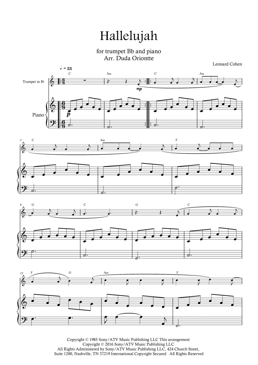 Hallelujah B-Flat Trumpet scores gallery preview page 1