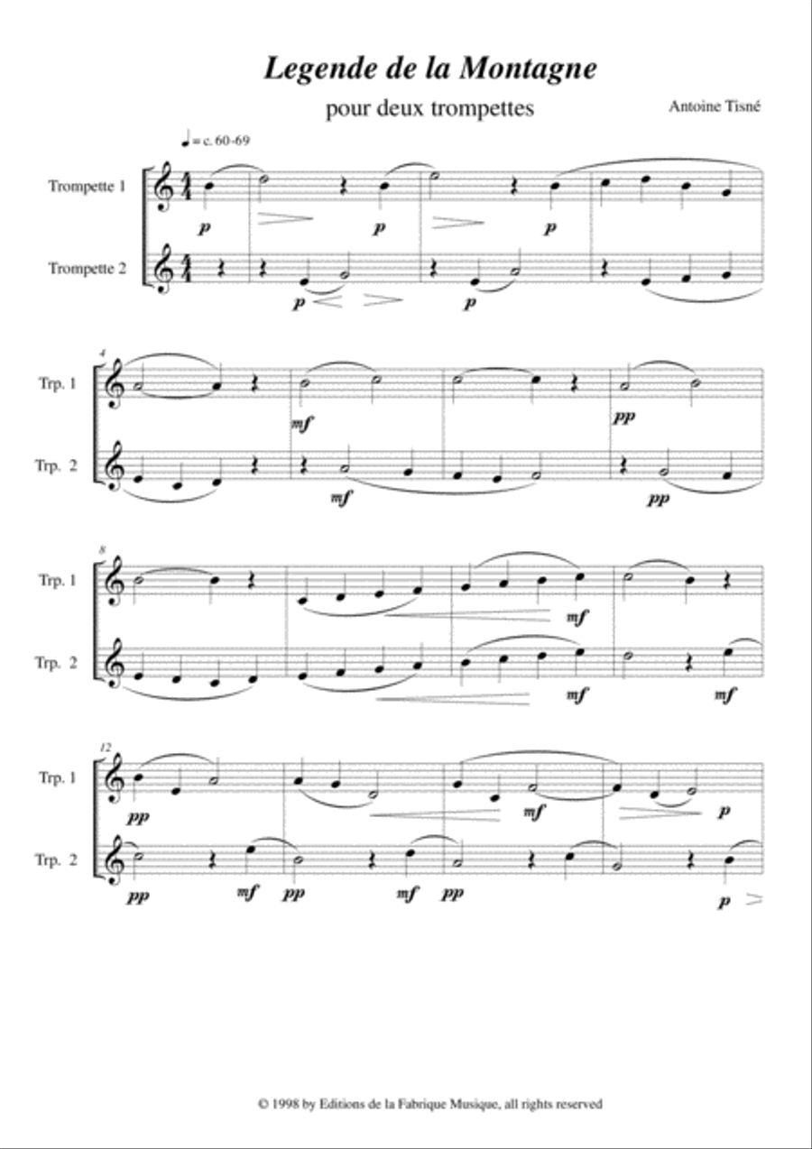 Antoine Tisné: Légende de la Montagne for two trumpets (Bb or C) Trumpet Duet scores gallery preview page 2