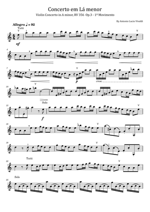 Book cover for Violin Concerto in A minor, RV 356 Op.3 - For Solo - Concerto em Lá menor