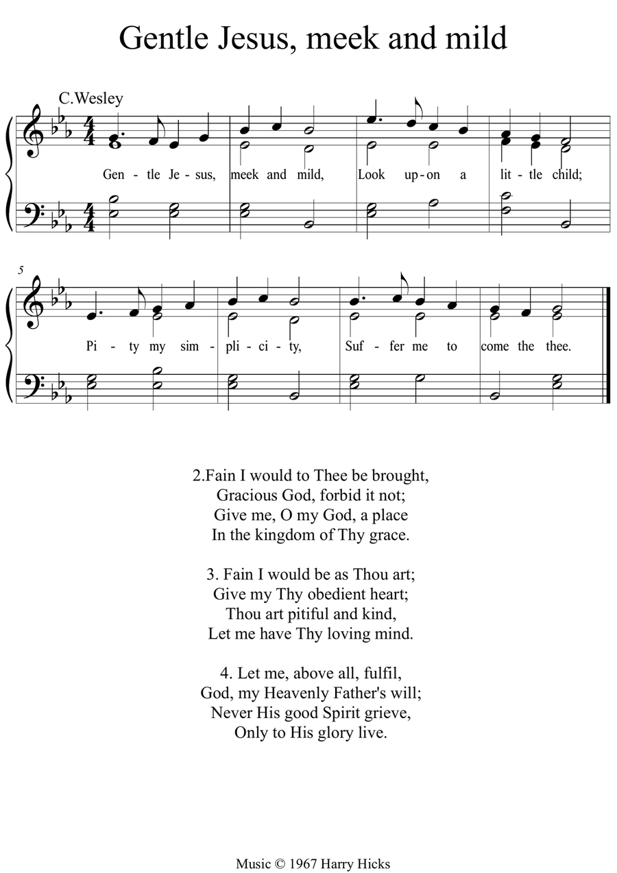 Gentle, Jesus, meek and mild. A new tune to the wonderful Charles Wesley hymn. Unison Choir scores gallery preview page 1