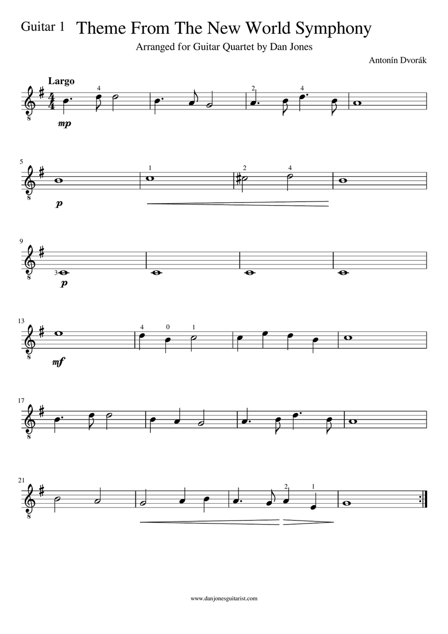 Antonin Dvorak - Theme From 'The New World Symphony' for Easy Guitar Quartet Guitar Ensemble scores gallery preview page 4
