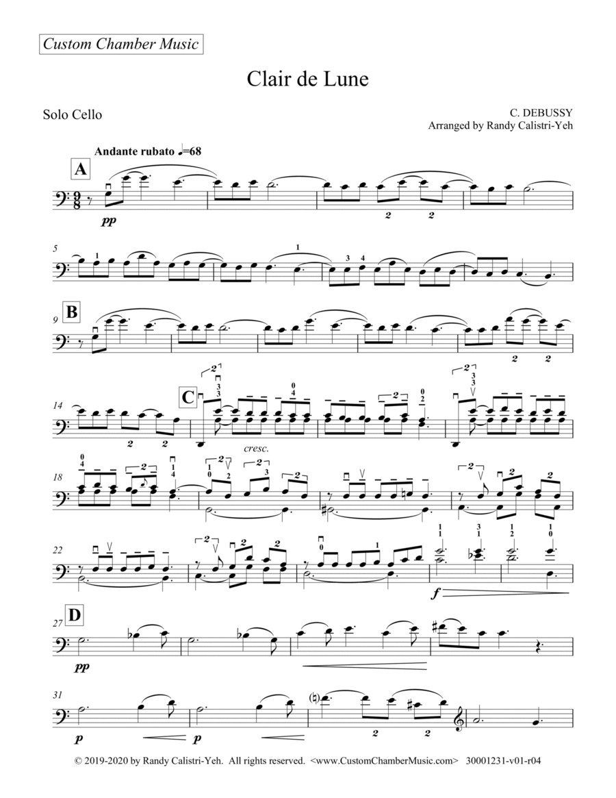 Debussy Clair de Lune (solo cello) Cello Solo scores gallery preview page 1