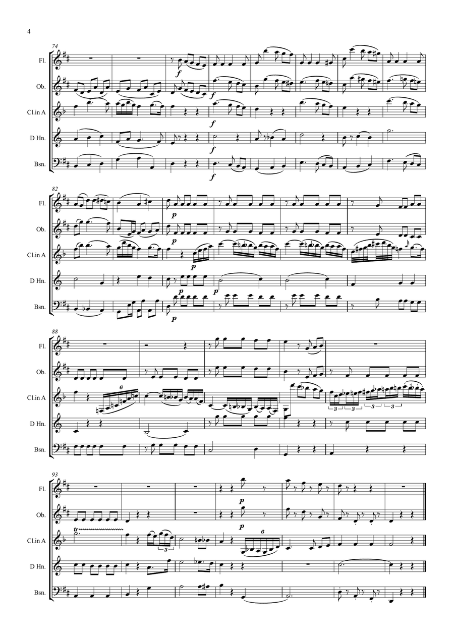 Mozart: Clarinet Concerto K622 Mvt.II Adagio (original key of D) - wind quintet (clarinet feature) Woodwind Quintet scores gallery preview page 4