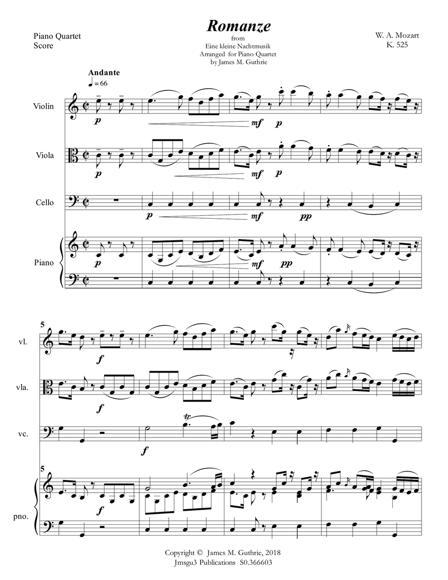 Mozart: Romanze from K. 525 for Piano Quartet Piano Quartet scores gallery preview page 2