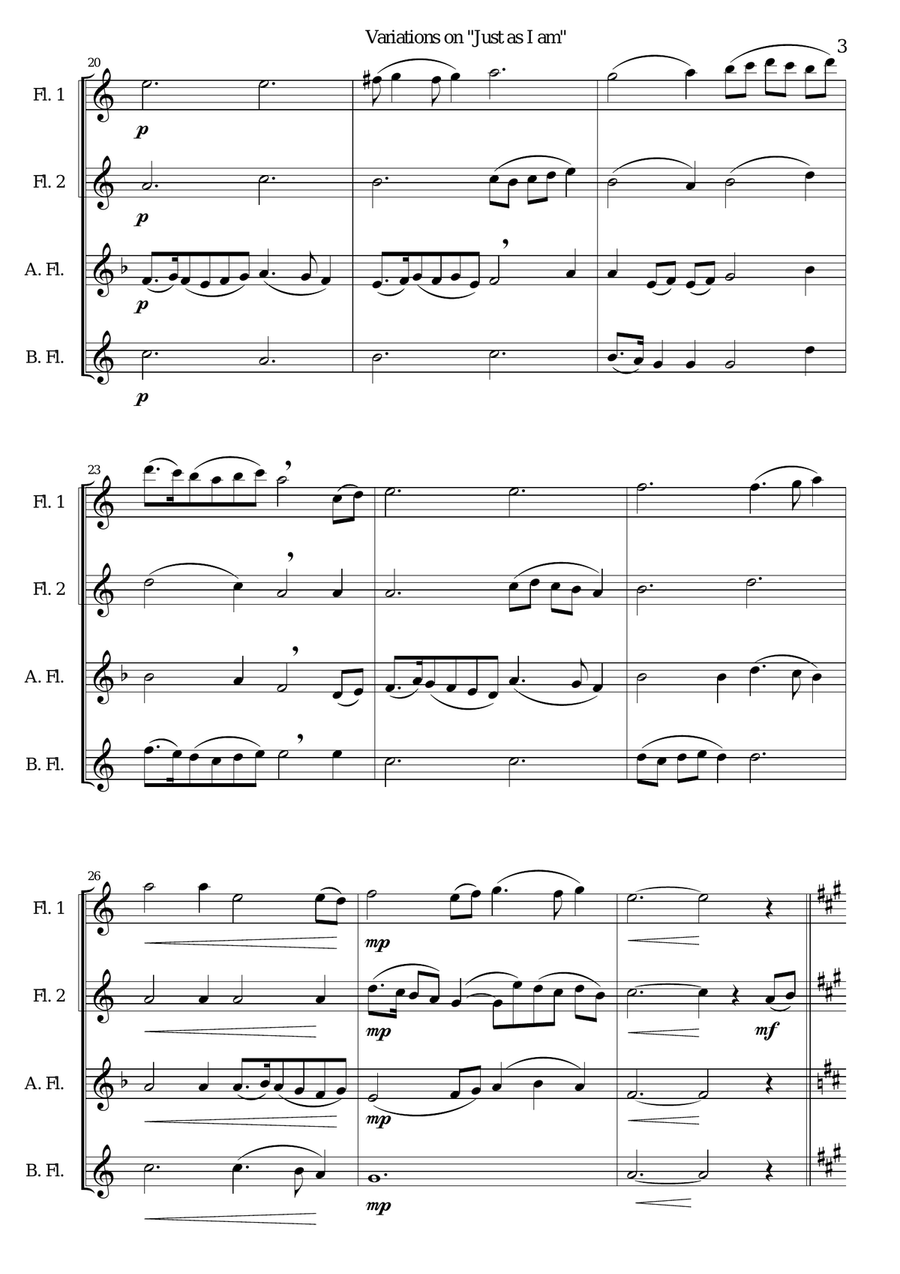 Variations on Just As I Am (Flute Quartet - 2 flutes, alto and bass flutes) Flute Quartet scores gallery preview page 3