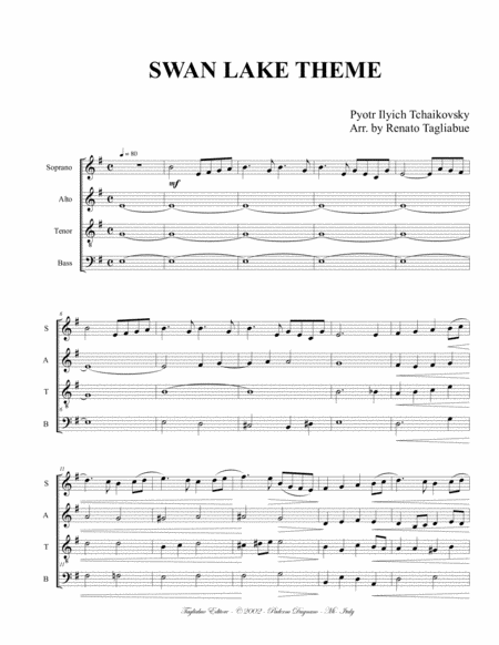 SWAN LAKE THEME - Tchaikovsky - Arr. for SATB Choir in vocalization (or any Quartet in C) image number null