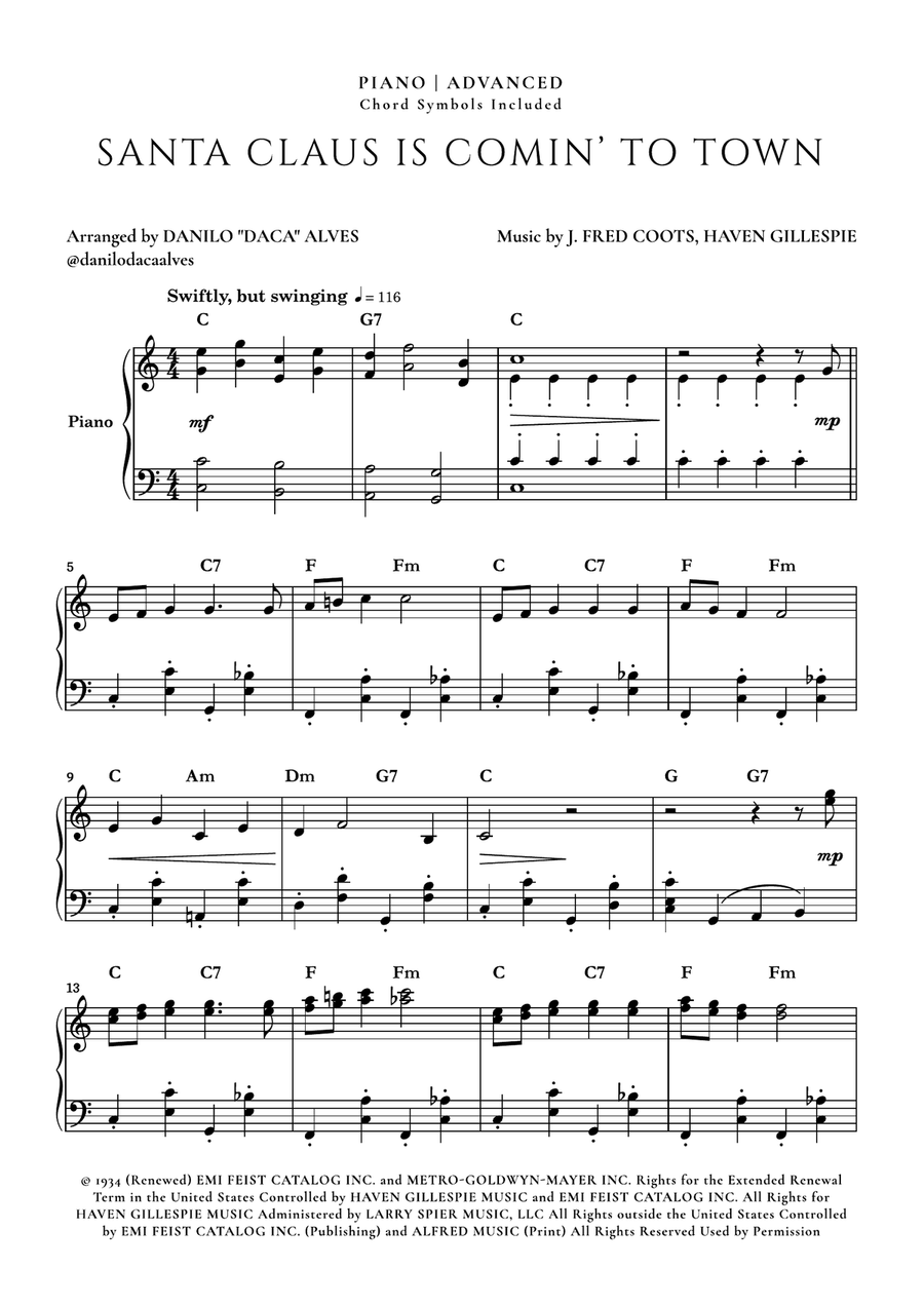 Santa Claus Is Comin' To Town Piano Solo scores gallery preview page 1