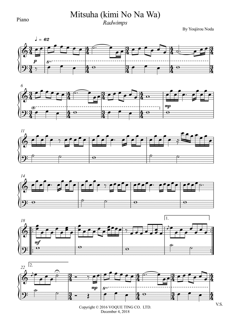 Mitsuha (kimi No Na Wa) Piano Solo scores gallery preview page 1