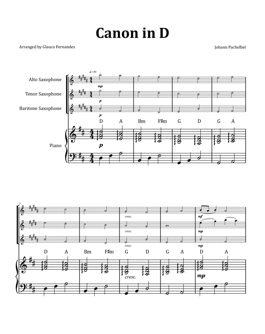 Canon by Pachelbel - Saxophone Trio with Piano and Chord Notation image number null