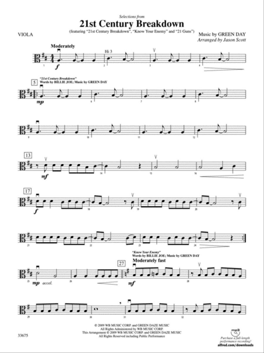 21st Century Breakdown, Selections from: Viola String Orchestra scores gallery preview page 1