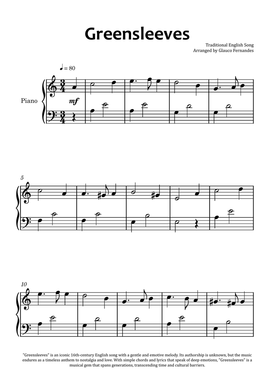 Greensleeves - Easy Piano by Traditional Piano Method - Digital Sheet Music