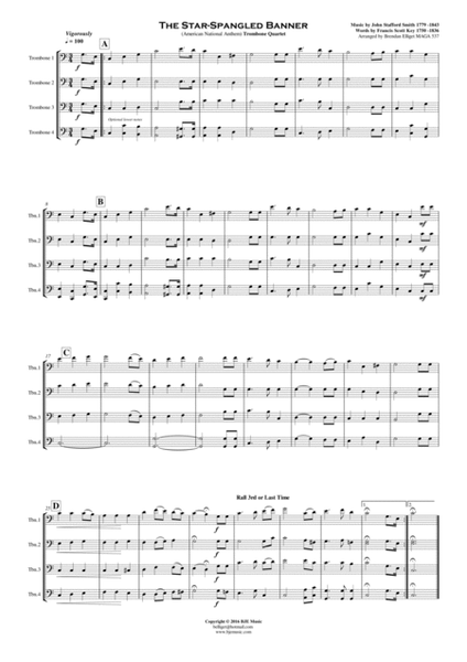 The Star-Spangled Banner (American National Anthem) - Trombone Quartet [C] Score and Parts PDF image number null