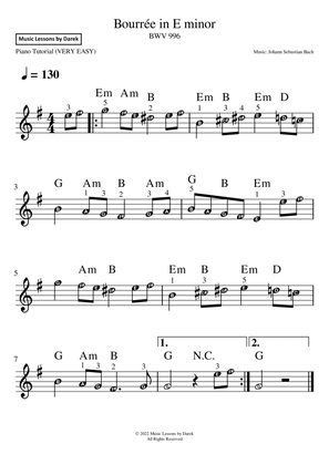 Book cover for Bourrée in E minor (VERY EASY PIANO) BWV 996 [Johann Sebastian Bach]