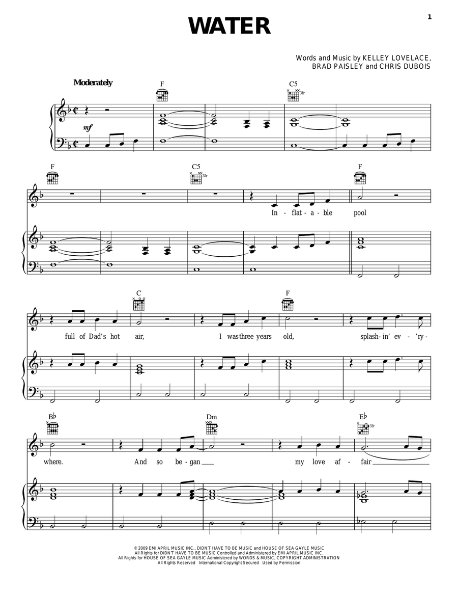 Water Water Piano, Vocal, Guitar scores gallery preview page 1