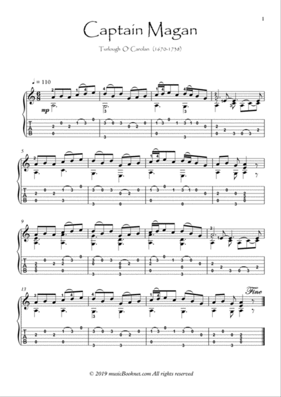 Carolan Captain Magan Guitar solo with tablature Classical Guitar scores gallery preview page 1