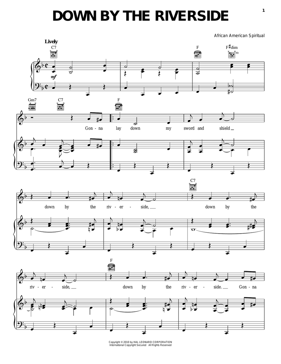 Down By The Riverside Piano, Vocal, Guitar scores gallery preview page 1