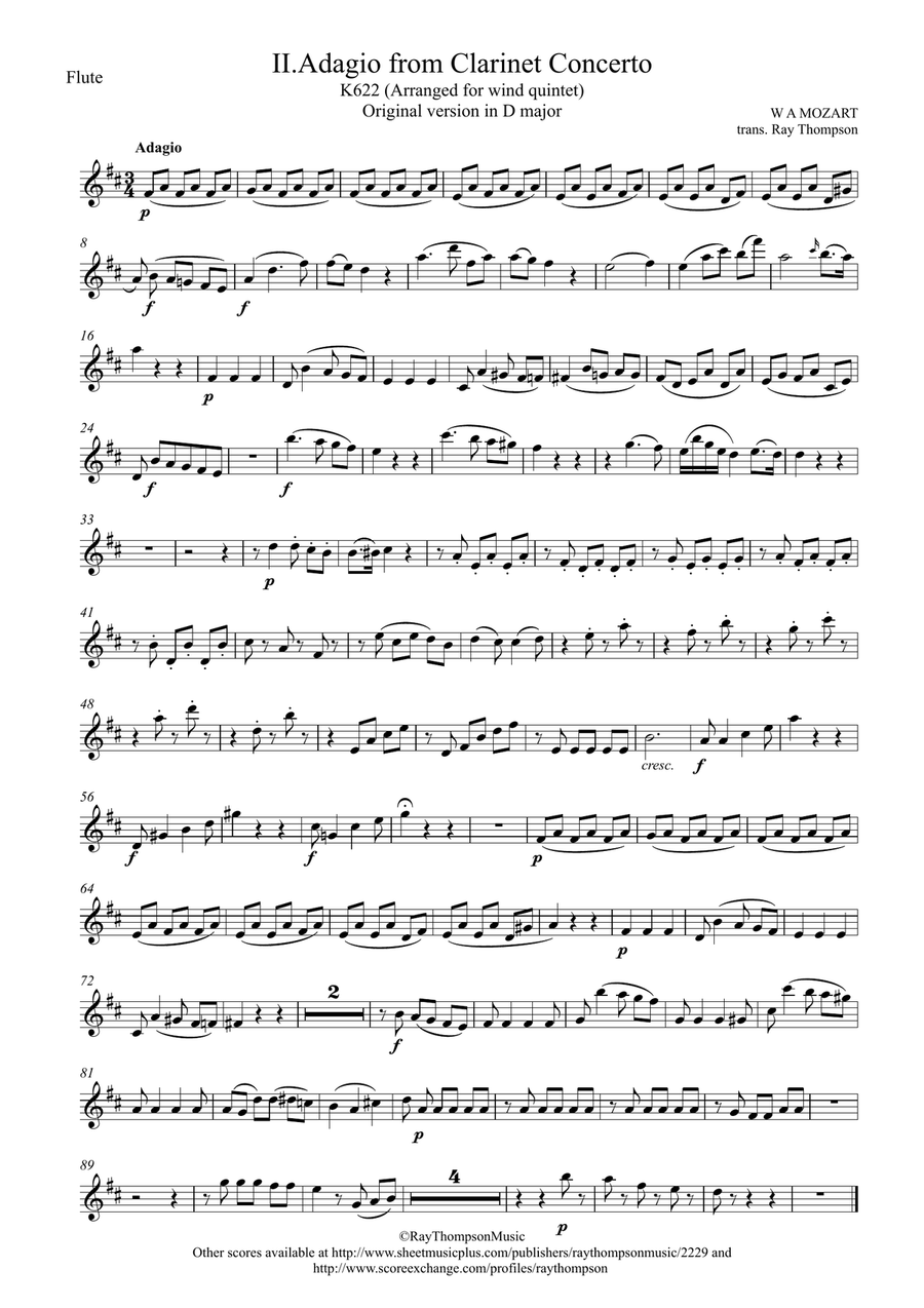 Mozart: Clarinet Concerto K622 Mvt.II Adagio (original key of D) - wind quintet (clarinet feature) Woodwind Quintet scores gallery preview page 5