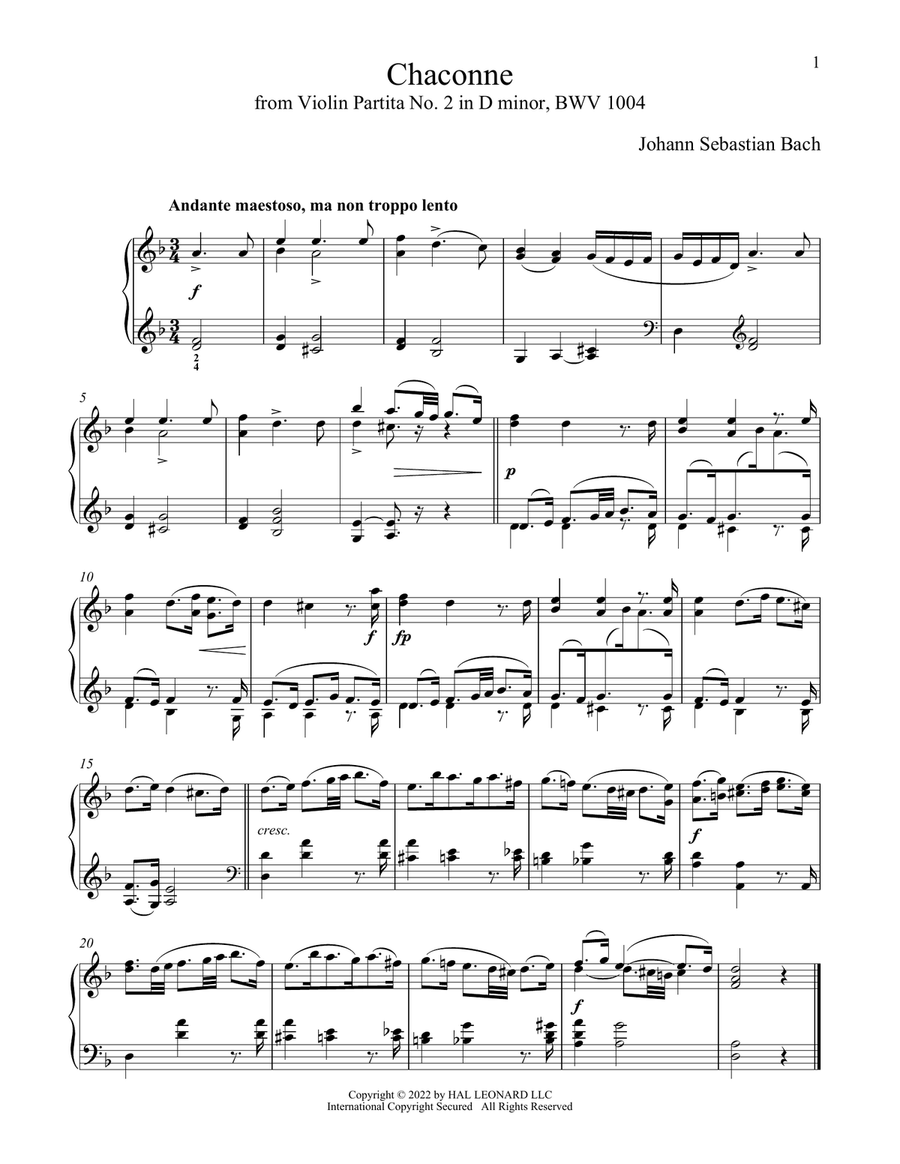 Chaconne (Theme), BWV 1004 Piano Solo scores gallery preview page 1