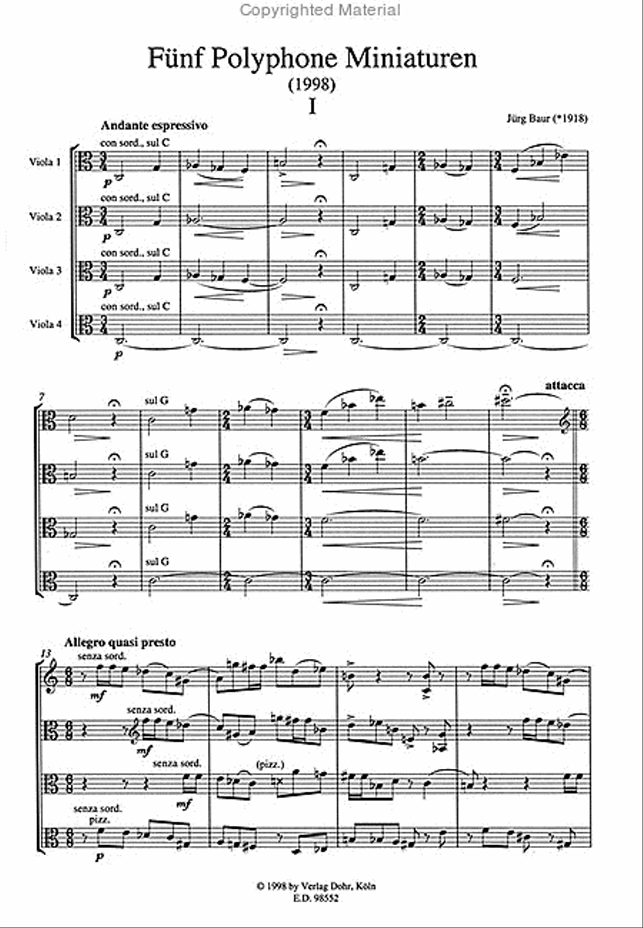 Fünf Polyphone Miniaturen für Bratschenquartett (oder Violenquartett) (1998)