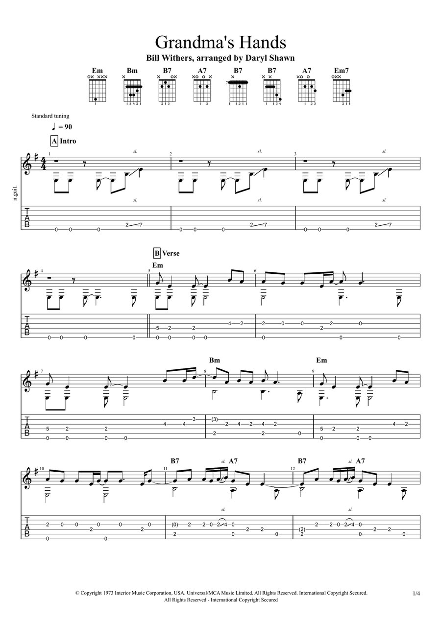 Grandma's Hands Guitar Tablature scores gallery preview page 1