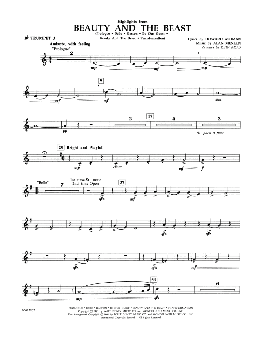 Highlights from Beauty and the Beast - Bb Trumpet 3 B-Flat Trumpet scores gallery preview page 1