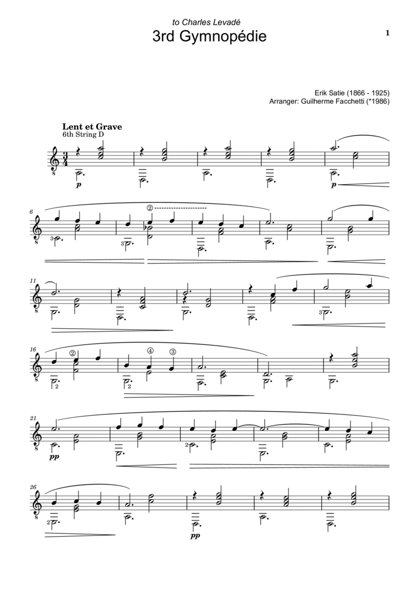 Erik Satie - 3rd Gymnopédie. Arrangement for Classical Guitar. image number null