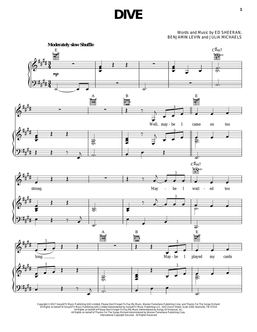 Dive Piano, Vocal, Guitar scores gallery preview page 1