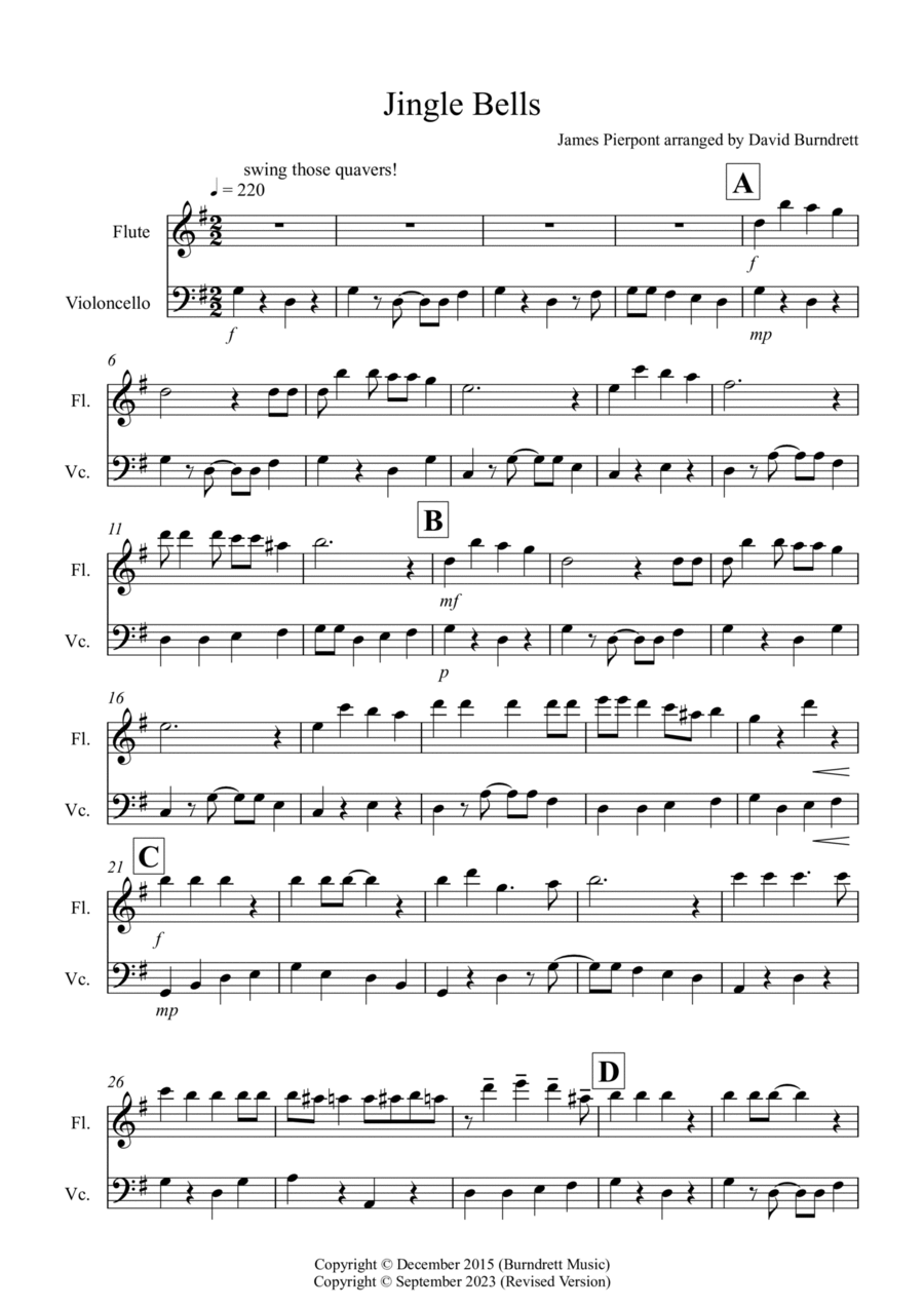 Jingle Bells (Jazzy Style!) for Flute and Cello Duet Jingle Bells (Jazzy Style!) for Flute and Cello Duet Flute scores gallery preview page 1