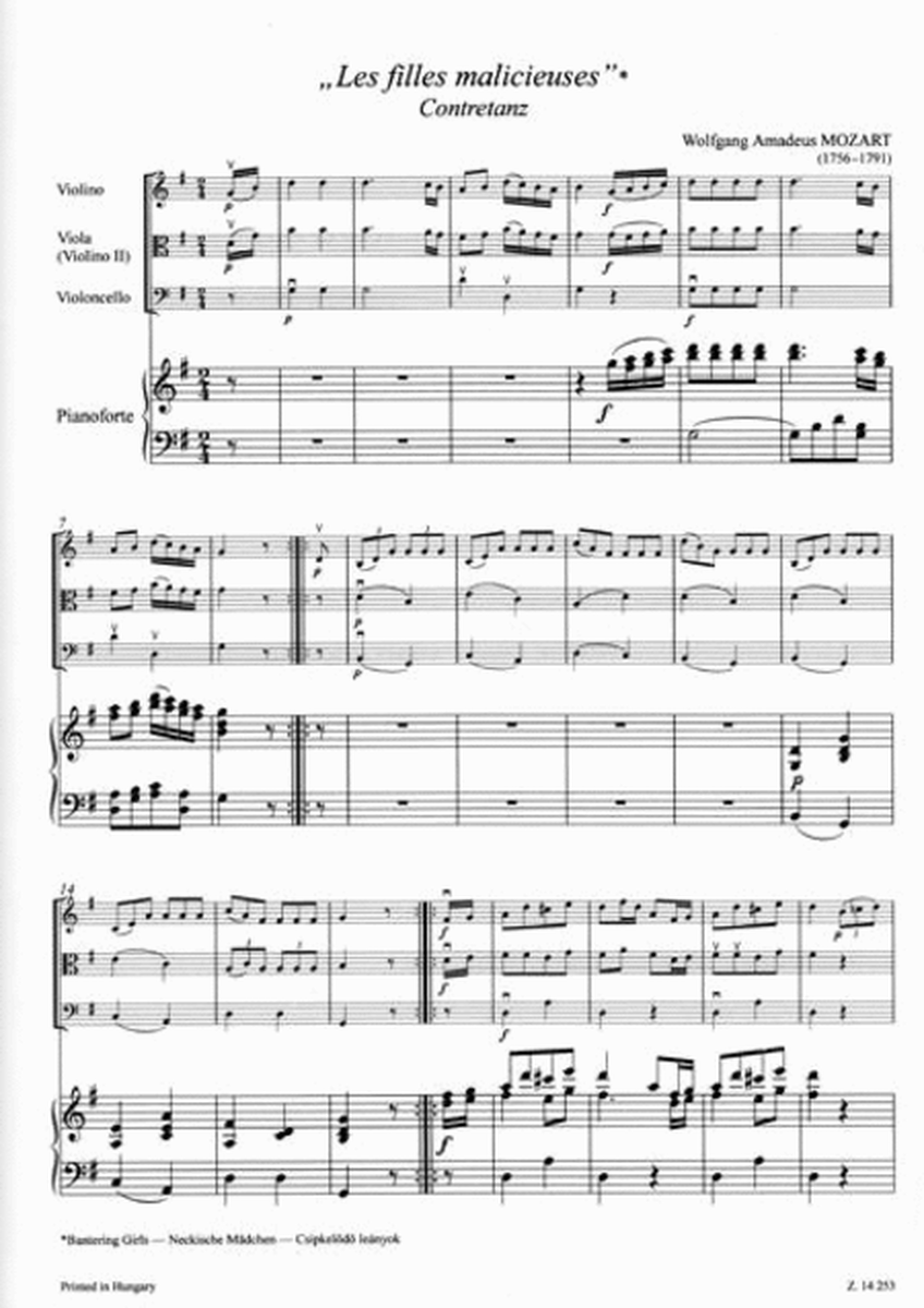 Musik für Klavierquartett für Anfänger (Erste Lage