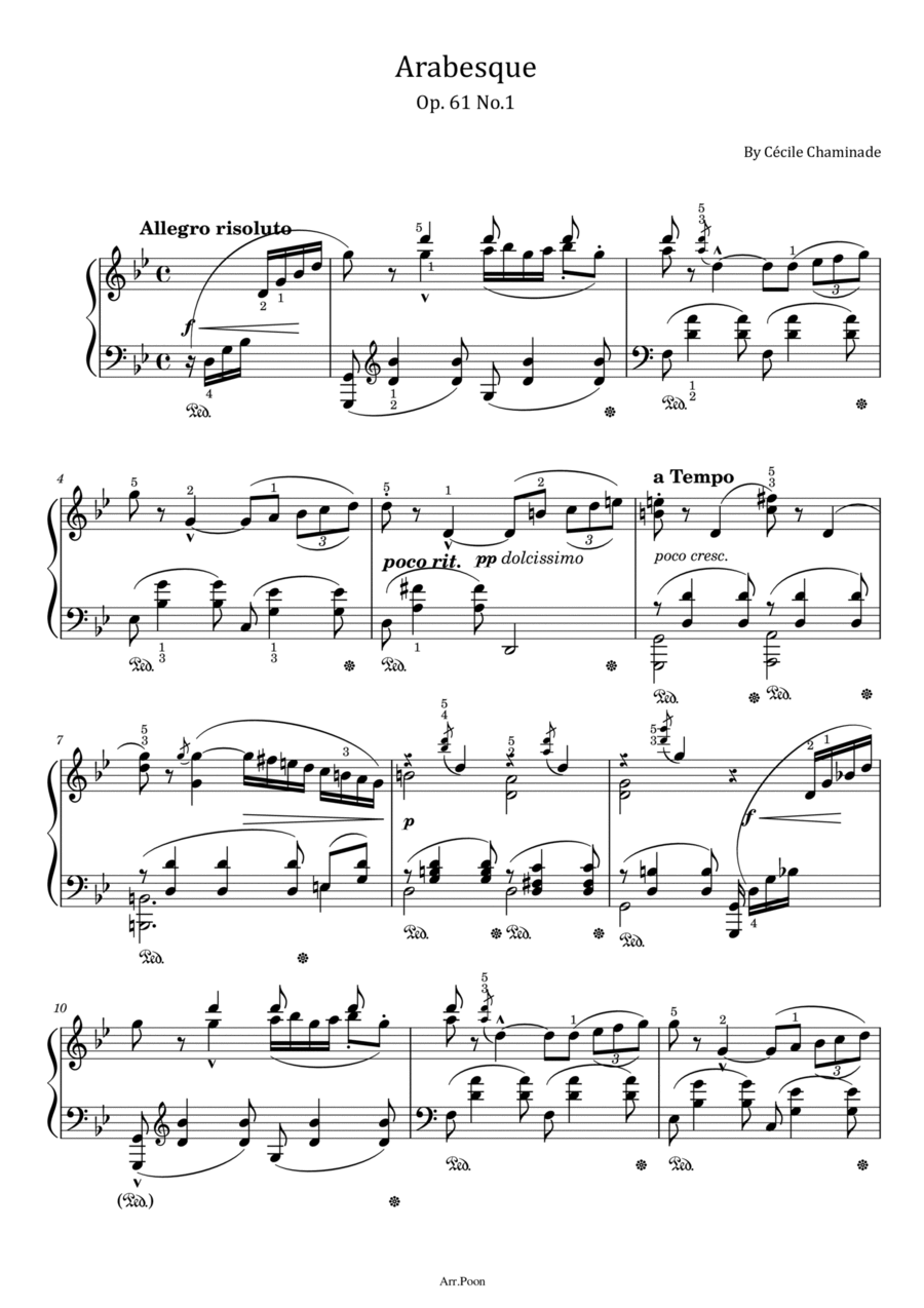 Chaminade - Arabesque - Op. 61 No.1 - In G Minor - Original With Fingered - For Piano Solo Piano Solo scores gallery preview page 1