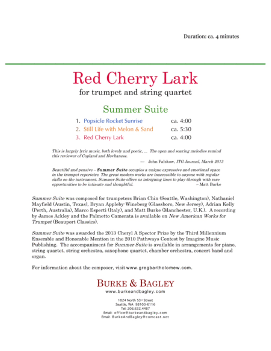Red Cherry Lark (trumpet & string quartet) Chamber Orchestra scores gallery preview page 2