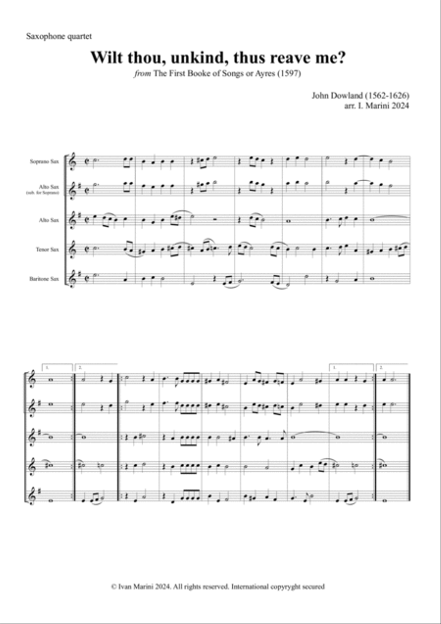 Wilt thou, unkind, thus reave me? Saxophone Quartet scores gallery preview page 2