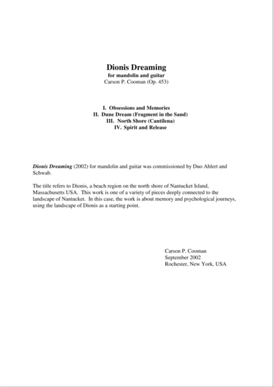 Carson Cooman: Dionis Dreaming (2002) for mandolin and guitar Guitar Solo scores gallery preview page 1