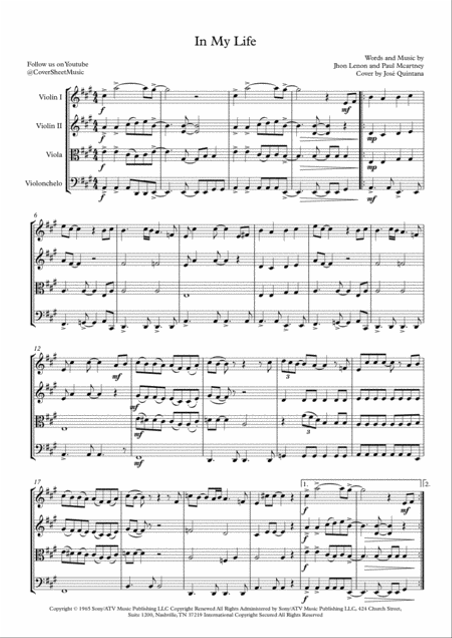 In My Life In My Life String Quartet scores gallery preview page 2